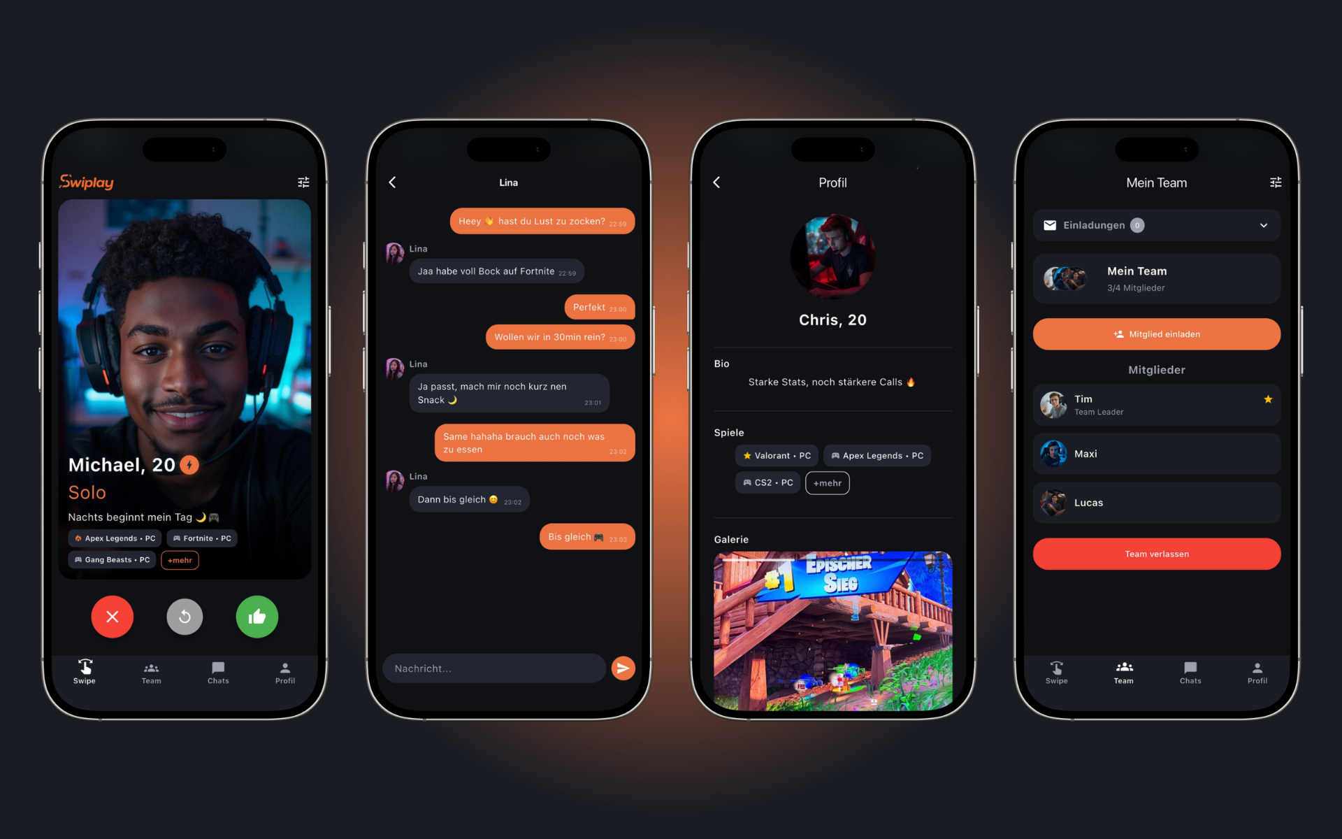 Swiplay App mit Swipe, Chat, Profil und Team Funktionen für Gamer